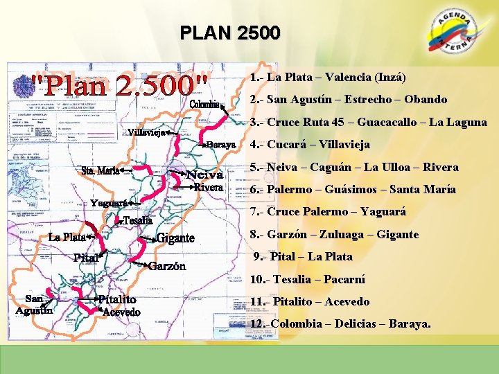 PLAN 2500 1. - La Plata – Valencia (Inzá) 2. - San Agustín –