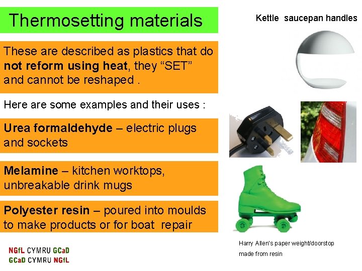 Thermosetting materials Kettle saucepan handles These are described as plastics that do not reform