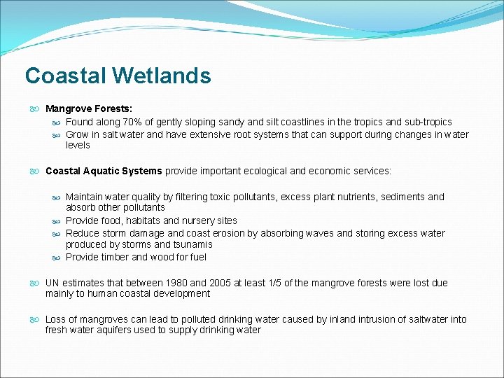 Coastal Wetlands Mangrove Forests: Found along 70% of gently sloping sandy and silt coastlines