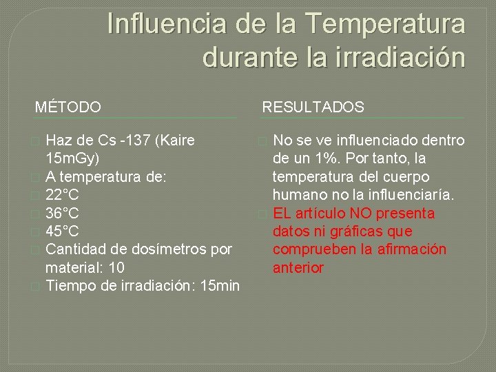 Influencia de la Temperatura durante la irradiación MÉTODO � � � � Haz de Influencia de la Temperatura durante la irradiación MÉTODO � � � � Haz de