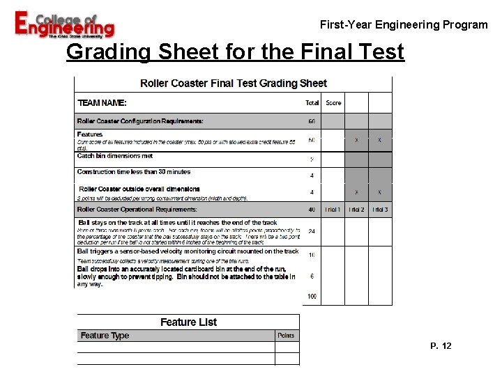 First-Year Engineering Program Grading Sheet for the Final Test P. 12 