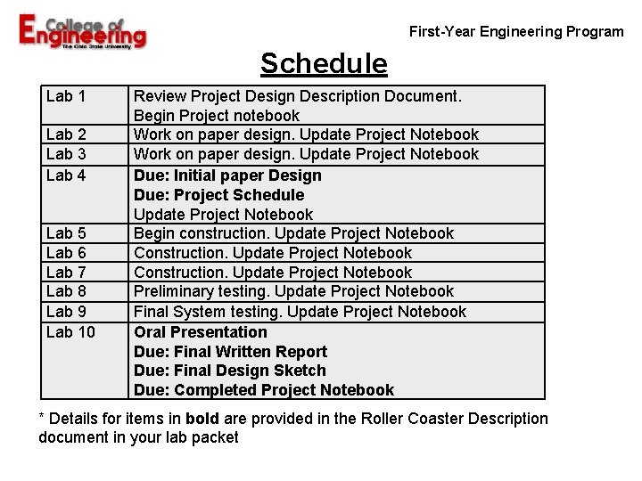 First-Year Engineering Program Schedule Lab 1 Lab 2 Lab 3 Lab 4 Lab 5