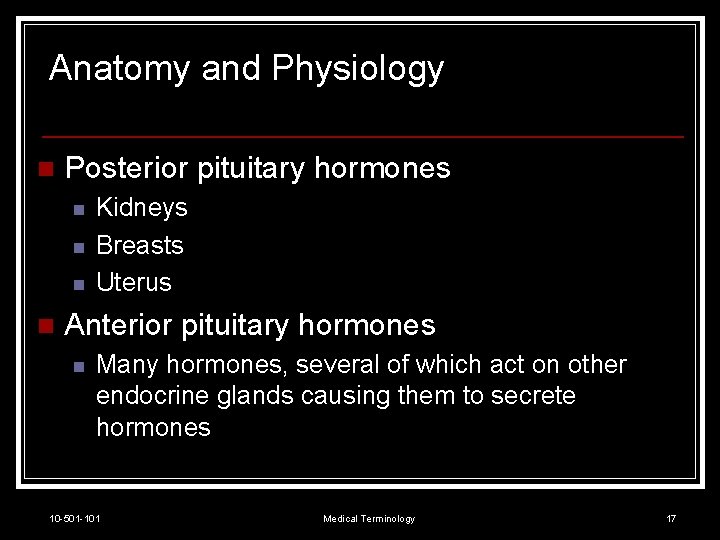 Anatomy and Physiology n Posterior pituitary hormones n n Kidneys Breasts Uterus Anterior pituitary