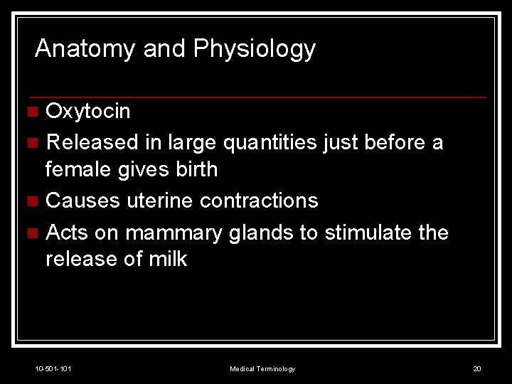 Anatomy and Physiology Oxytocin n Released in large quantities just before a female gives