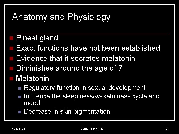 Anatomy and Physiology Pineal gland n Exact functions have not been established n Evidence