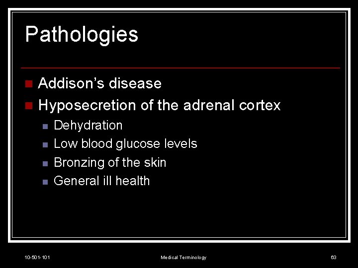 Pathologies Addison’s disease n Hyposecretion of the adrenal cortex n n n 10 -501