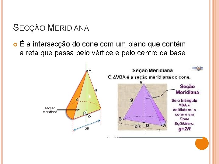 SECÇÃO MERIDIANA É a intersecção do cone com um plano que contém a reta