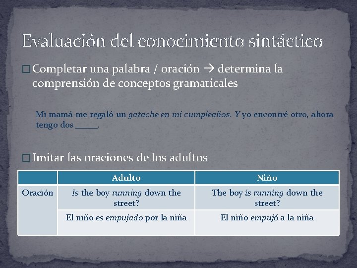 Evaluación del conocimiento sintáctico � Completar una palabra / oración determina la comprensión de