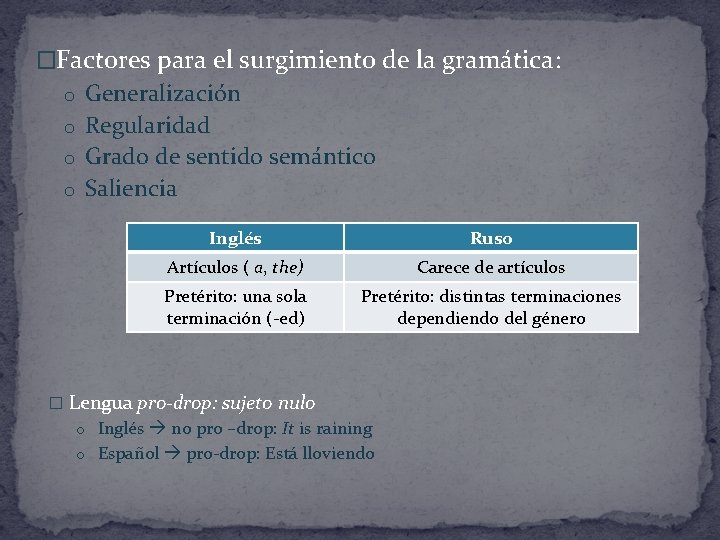 �Factores para el surgimiento de la gramática: o Generalización o Regularidad o Grado de