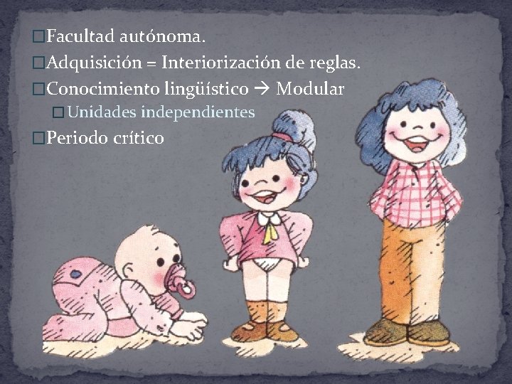 �Facultad autónoma. �Adquisición = Interiorización de reglas. �Conocimiento lingüístico Modular � Unidades independientes �Periodo