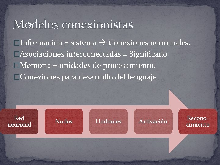 Modelos conexionistas �Información = sistema Conexiones neuronales. �Asociaciones interconectadas = Significado �Memoria = unidades