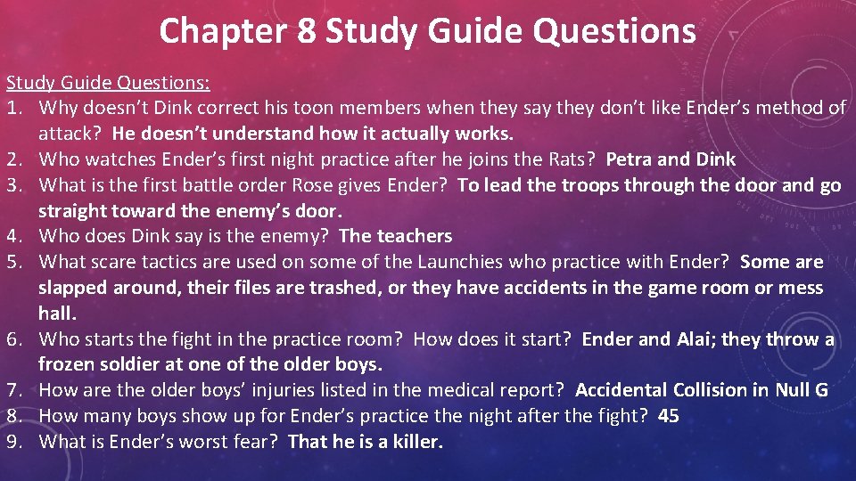 Chapter 8 Study Guide Questions: 1. Why doesn’t Dink correct his toon members when