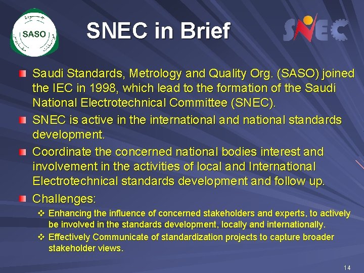 SNEC in Brief Saudi Standards, Metrology and Quality Org. (SASO) joined the IEC in