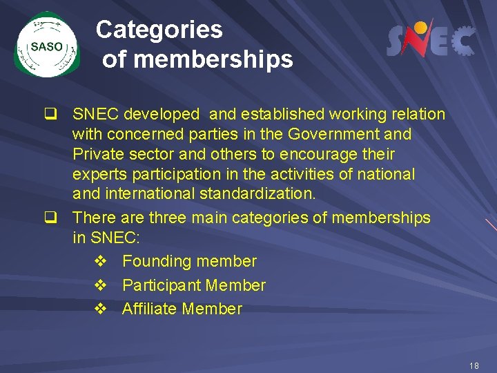 Categories of memberships q SNEC developed and established working relation with concerned parties in