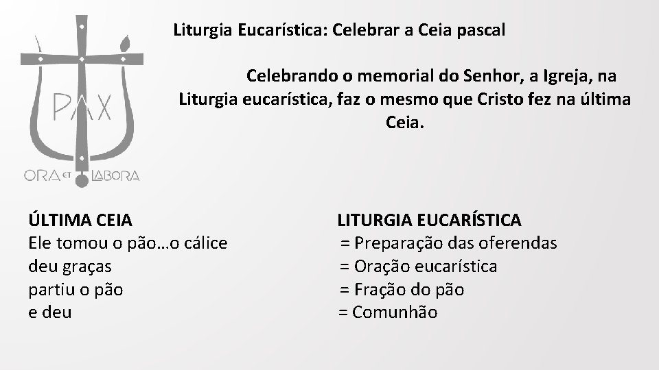  Liturgia Eucarística: Celebrar a Ceia pascal Celebrando o memorial do Senhor, a Igreja,