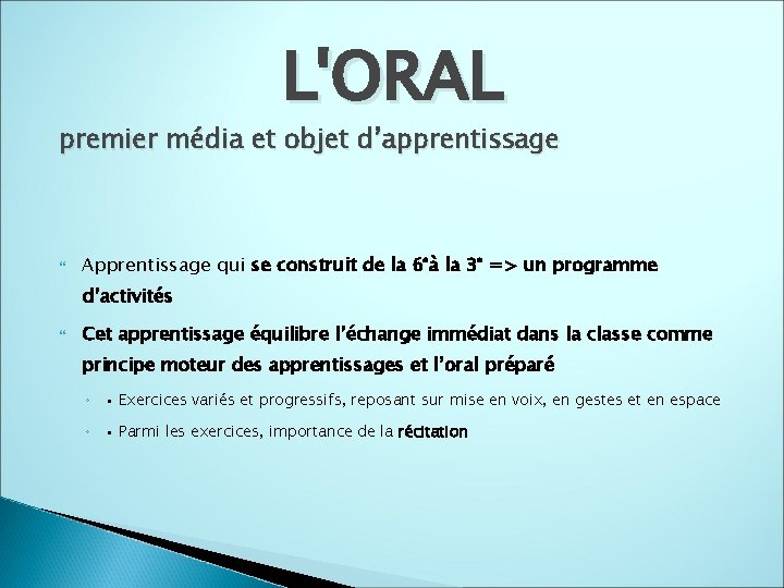 L'ORAL premier média et objet d’apprentissage Apprentissage qui se construit de la 6°à la