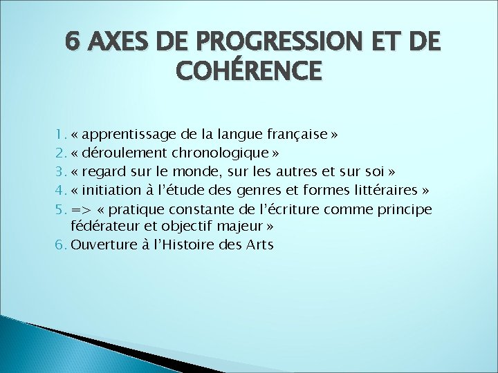6 AXES DE PROGRESSION ET DE COHÉRENCE 1. « apprentissage de la langue française