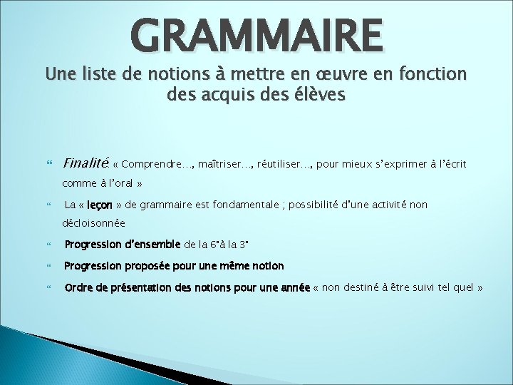 GRAMMAIRE Une liste de notions à mettre en œuvre en fonction des acquis des