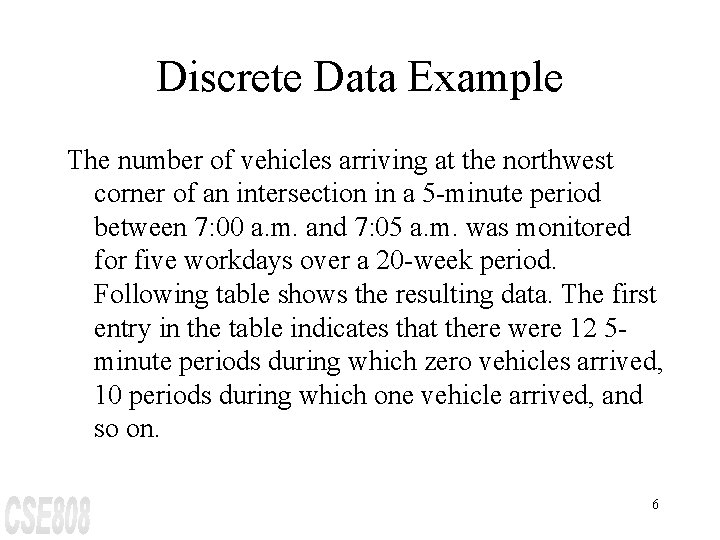 Discrete Data Example The number of vehicles arriving at the northwest corner of an