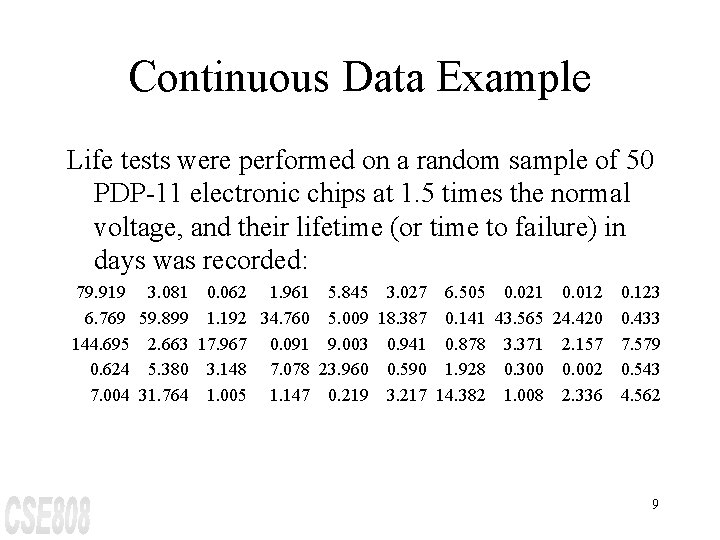 Continuous Data Example Life tests were performed on a random sample of 50 PDP-11