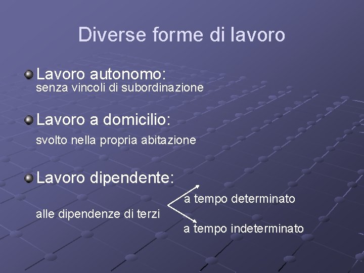 Diverse forme di lavoro Lavoro autonomo: senza vincoli di subordinazione Lavoro a domicilio: svolto Diverse forme di lavoro Lavoro autonomo: senza vincoli di subordinazione Lavoro a domicilio: svolto