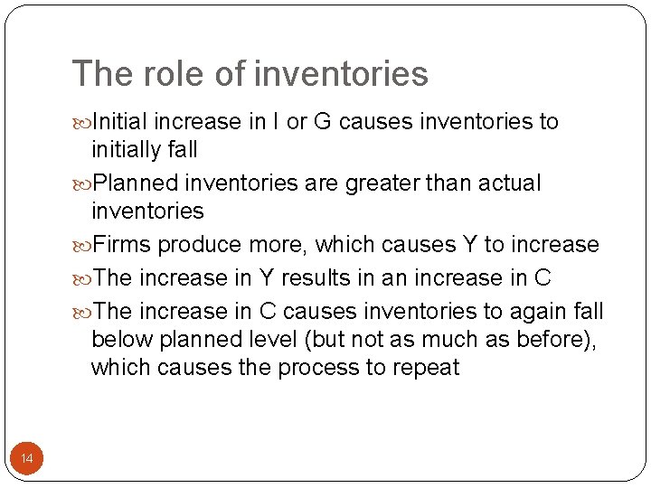 The role of inventories Initial increase in I or G causes inventories to initially
