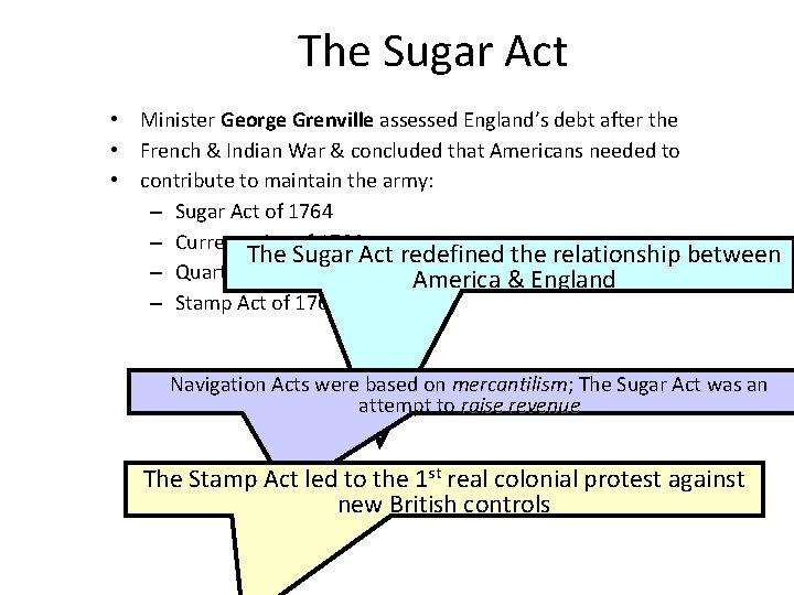 The Sugar Act • Minister George Grenville assessed England’s debt after the • French