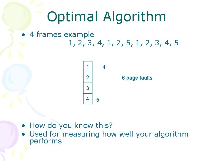 Optimal Algorithm • 4 frames example 1, 2, 3, 4, 1, 2, 5, 1,