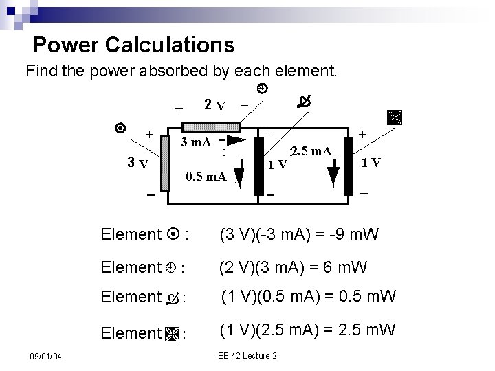 Power Calculations Find the power absorbed by each element. 2 V + + 0.