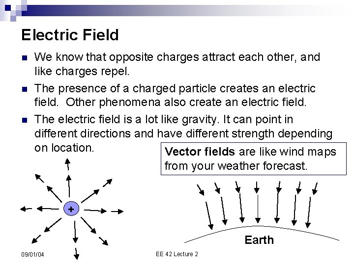 Electric Field n n n We know that opposite charges attract each other, and