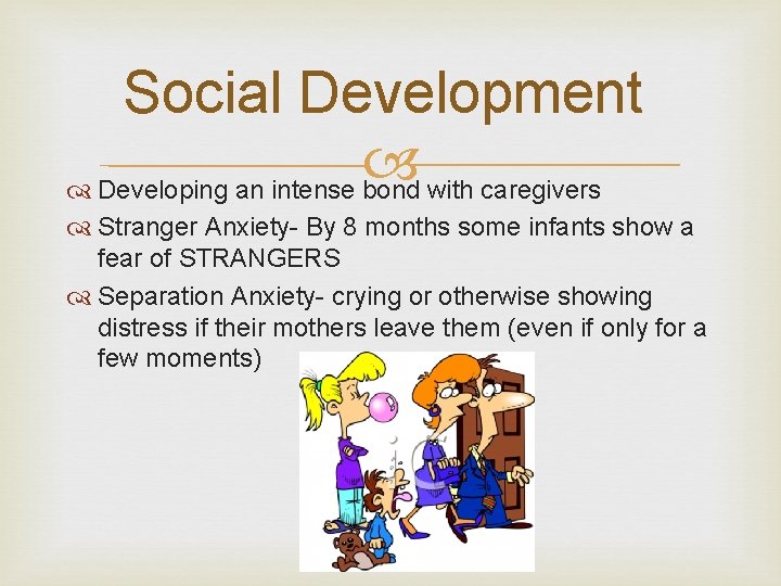 Social Development Developing an intense bond with caregivers Stranger Anxiety- By 8 months some