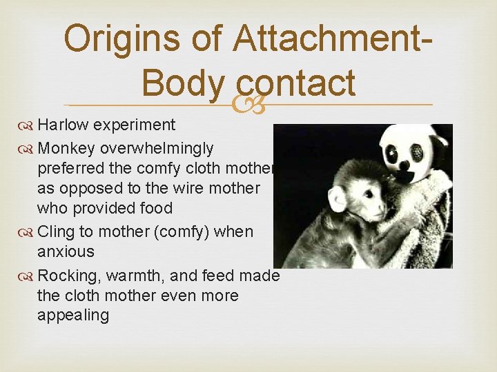 Origins of Attachment. Body contact Harlow experiment Monkey overwhelmingly preferred the comfy cloth mother