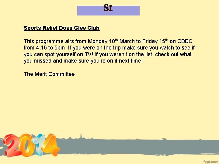 S 1 Sports Relief Does Glee Club This programme airs from Monday 10 th