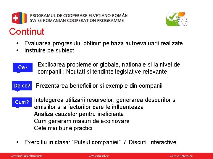 Continut • Evaluarea progresului obtinut pe baza autoevaluarii realizate • Instruire pe subiect Ce?