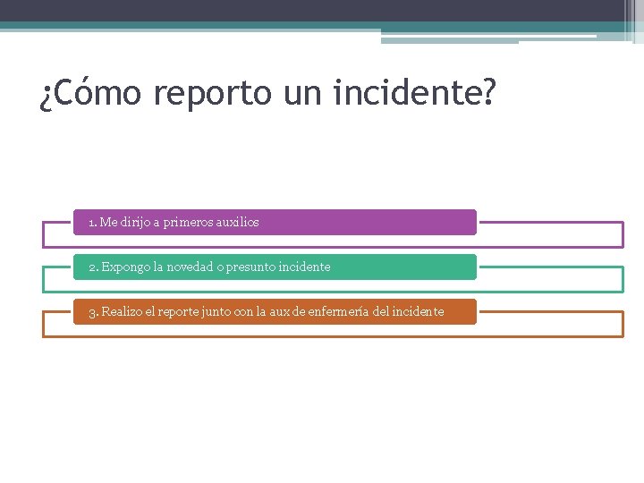 ¿Cómo reporto un incidente? 1. Me dirijo a primeros auxilios 2. Expongo la novedad