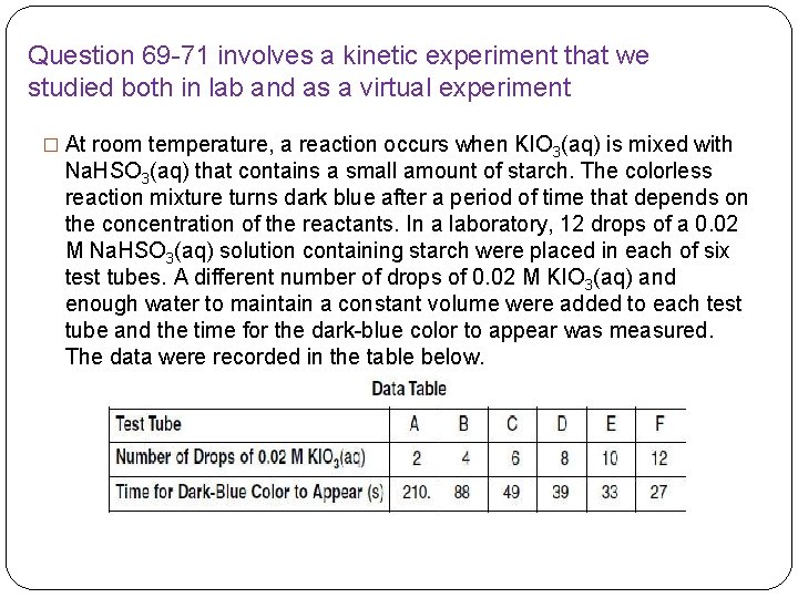 Question 69 -71 involves a kinetic experiment that we studied both in lab and