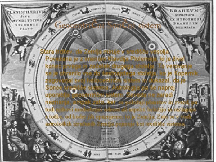 Geocentrični Sončni sistem Stara trditev, da Zemlja miruje v središču vesolja. Povezana je z