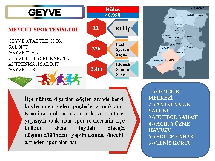 Nüfus GEYVE MEVCUT SPOR TESİSLERİ GEYVE ATATÜRK SPOR SALONU GEYVE STADI GEYVE BİREYSEL KARATE