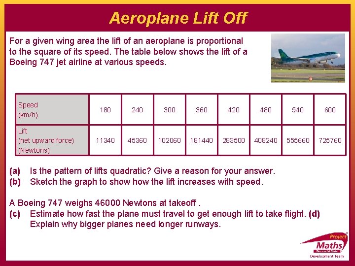 Aeroplane Lift Off For a given wing area the lift of an aeroplane is