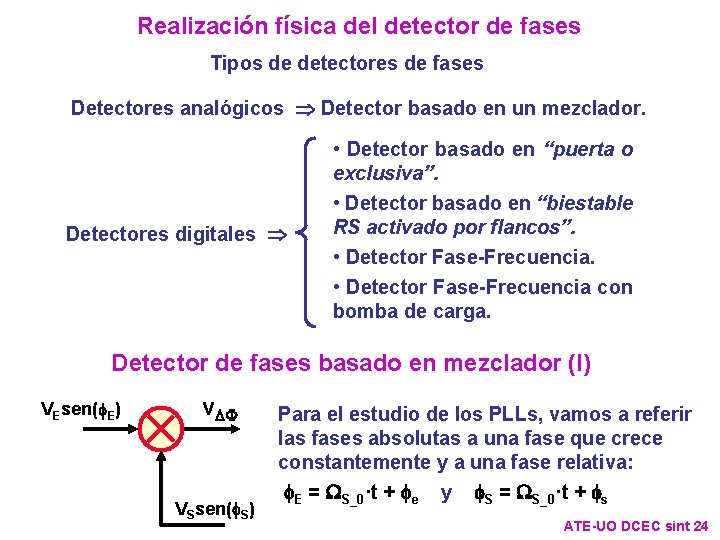 Realización física del detector de fases Tipos de detectores de fases Detectores analógicos Detector Realización física del detector de fases Tipos de detectores de fases Detectores analógicos Detector