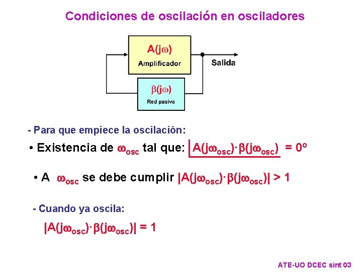 Condiciones de oscilación en osciladores - Para que empiece la oscilación: • Existencia de Condiciones de oscilación en osciladores - Para que empiece la oscilación: • Existencia de