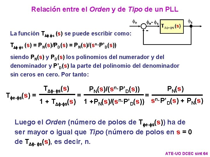 Relación entre el Orden y de Tipo de un PLL La función TDf-fs (s) Relación entre el Orden y de Tipo de un PLL La función TDf-fs (s)