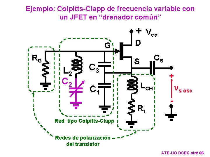 Ejemplo: Colpitts-Clapp de frecuencia variable con un JFET en “drenador común” + Vcc G Ejemplo: Colpitts-Clapp de frecuencia variable con un JFET en “drenador común” + Vcc G