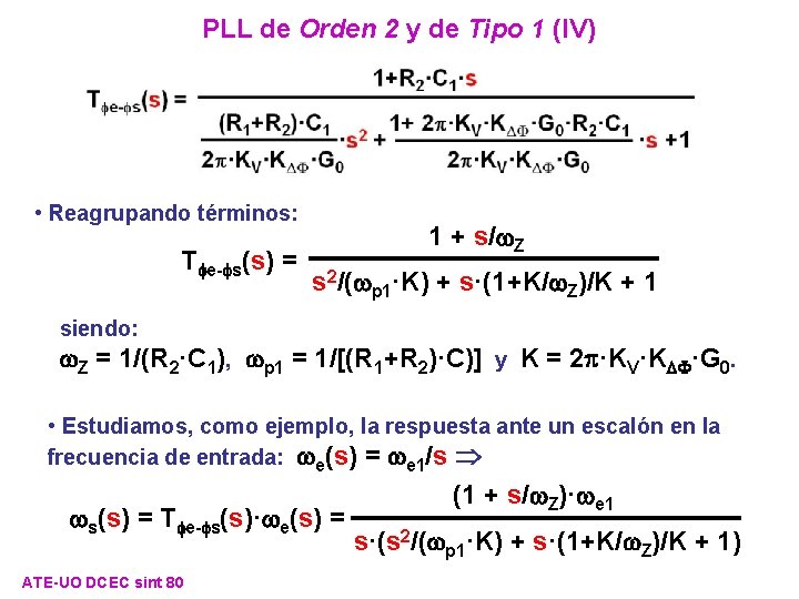 PLL de Orden 2 y de Tipo 1 (IV) • Reagrupando términos: Tfe-fs(s) = PLL de Orden 2 y de Tipo 1 (IV) • Reagrupando términos: Tfe-fs(s) =