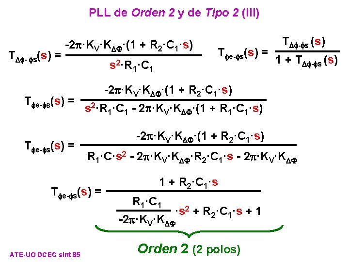 PLL de Orden 2 y de Tipo 2 (III) TDf- fs(s) = -2 p·KV·KDF·(1 PLL de Orden 2 y de Tipo 2 (III) TDf- fs(s) = -2 p·KV·KDF·(1