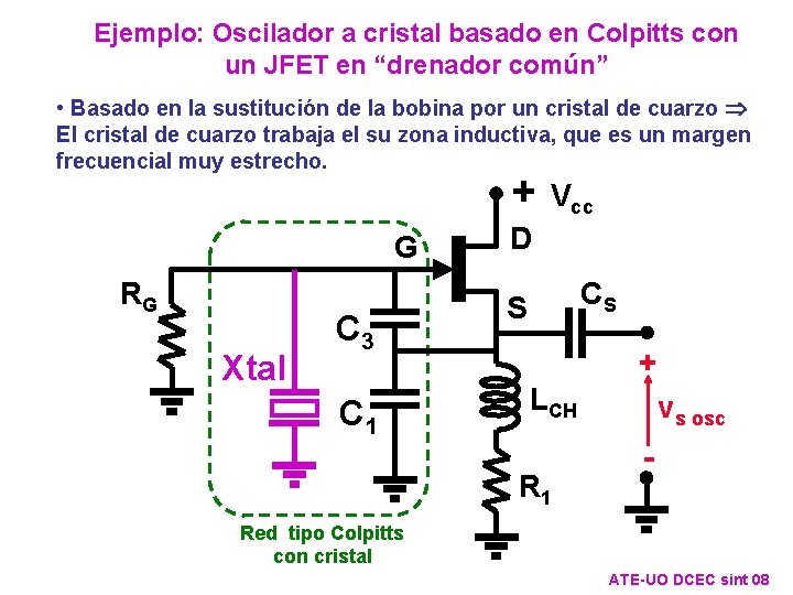 Ejemplo: Oscilador a cristal basado en Colpitts con un JFET en “drenador común” • Ejemplo: Oscilador a cristal basado en Colpitts con un JFET en “drenador común” •