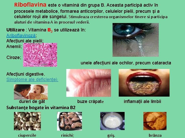 Riboflavina este o vitamină din grupa B. Aceasta participă activ în procesele metabolice, formarea