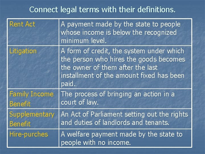Connect legal terms with their definitions. Rent Act Litigation Family Income Benefit Supplementary Benefit