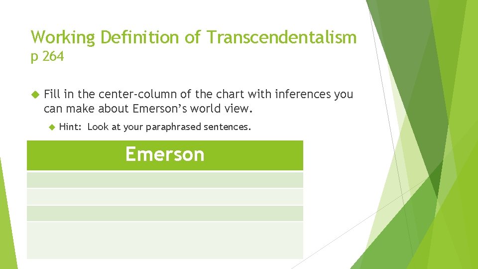 Working Definition of Transcendentalism p 264 Fill in the center-column of the chart with