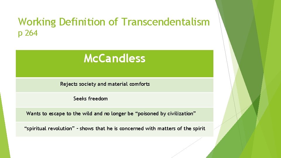 Working Definition of Transcendentalism p 264 Mc. Candless Rejects society and material comforts Seeks